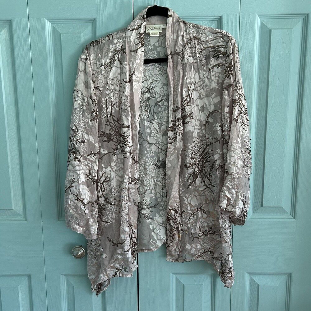 Adini Floral Silk Blend Satin Light Mauve Beaded Open Front Cardigan M/L Vtg
